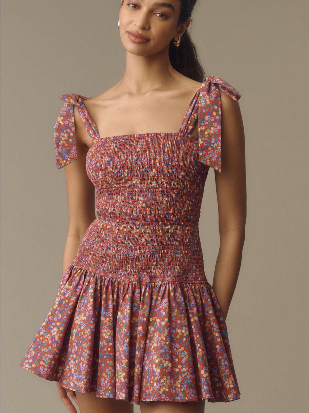Smocked Tie-Shoulder Floral Mini Dress in Multi Floral